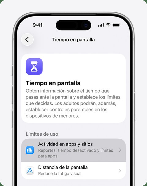 Pantalla de iPhone mostrando Tiempo en Pantalla con Límites de uso: Actividad en apps y sitios, Distancia de la pantalla