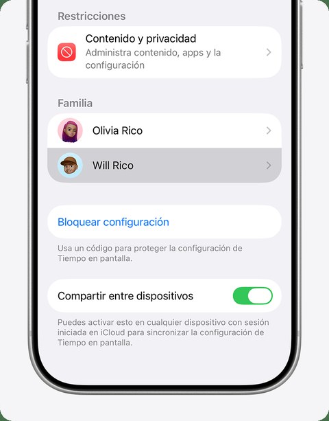 Pantalla de iPhone mostrando la sección de Familia dentro de Tiempo en Pantalla con la lista de miembros
