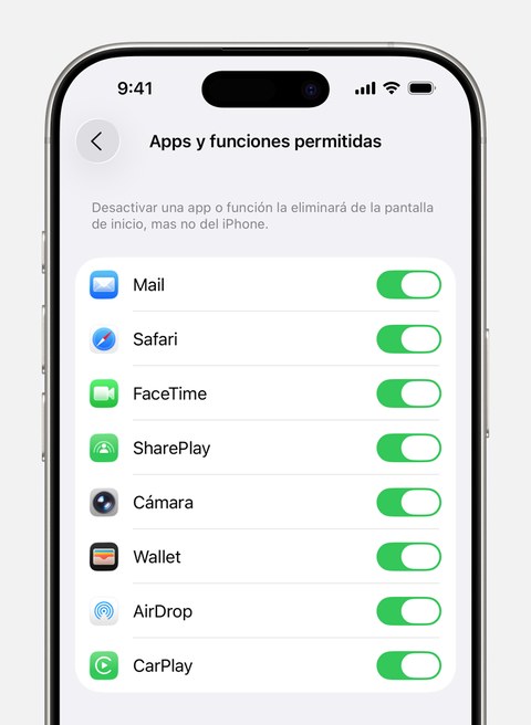 Pantalla de iPhone mostrando la lista de apps y funciones permitidas: Mail, Safari, FaceTime, Cámara, Wallet, AirDrop