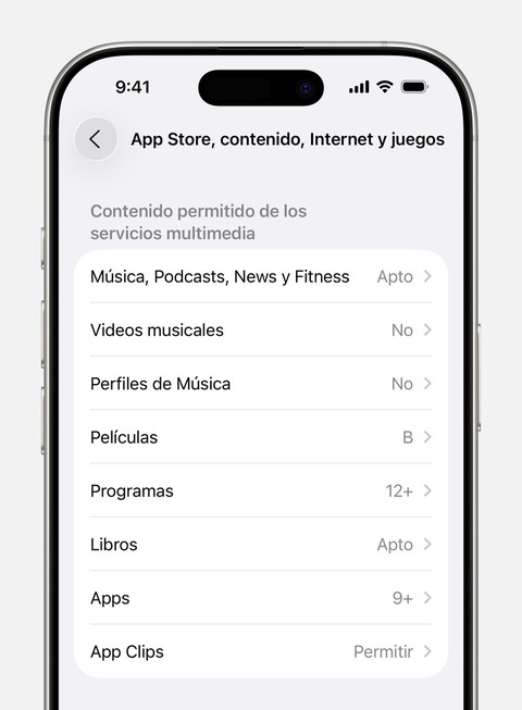 Pantalla de iPhone mostrando restricciones de clasificación de contenido para música, videos, películas, programas, libros y apps