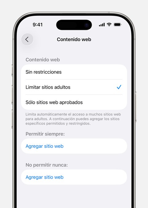 Pantalla de iPhone mostrando restricciones de contenido web: sin restricciones, limitar sitios adultos, o solo sitios aprobados