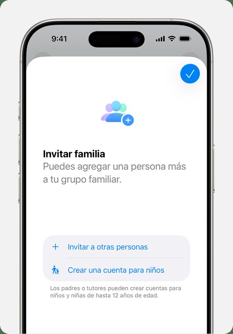 Pantalla de iPhone mostrando la opción de crear una cuenta para niños dentro de Compartir en Familia