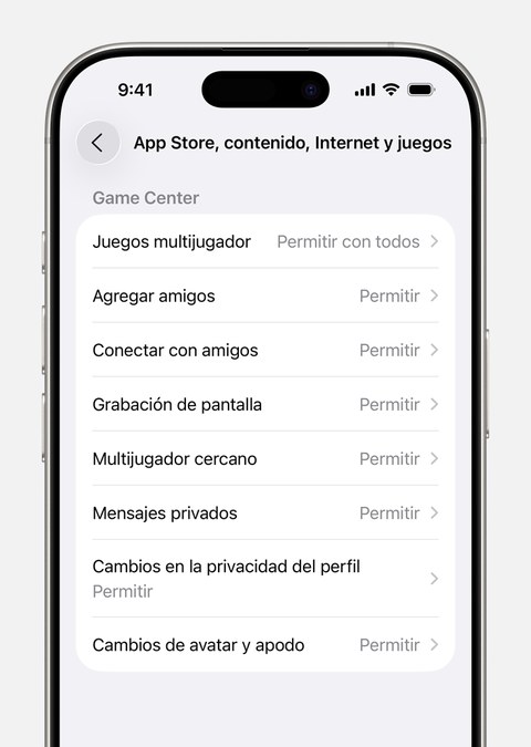 Pantalla de iPhone mostrando restricciones de Game Center: juegos multijugador, agregar amigos, grabación de pantalla, mensajes privados
