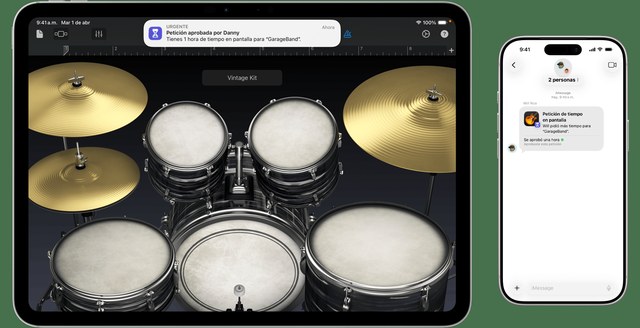 Pantallas de iPad y iPhone mostrando una notificación de solicitud de Tiempo en Pantalla aprobada