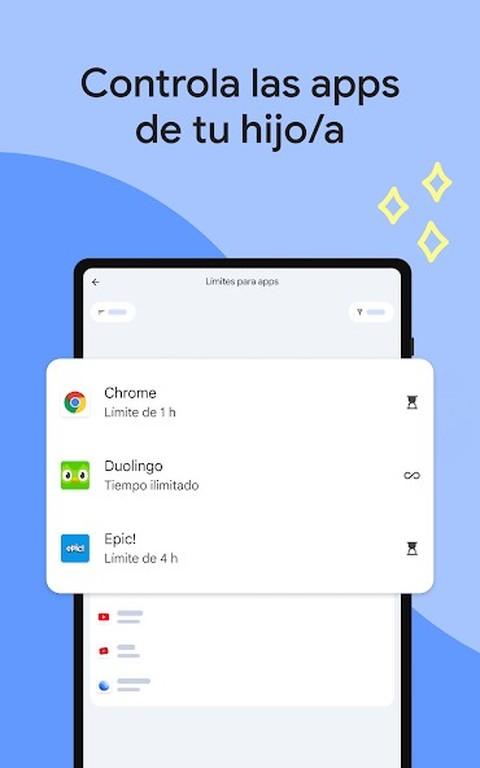 Pantalla de Family Link mostrando límites de tiempo por app: Chrome, Duolingo, Epic!