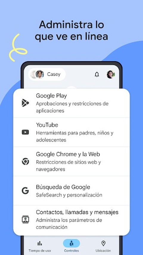 Pantalla de Family Link mostrando controles de Google Play, YouTube, Chrome y Búsqueda de Google