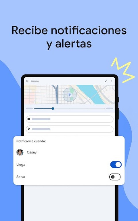 Pantalla de Family Link mostrando configuración de notificaciones de llegada y salida de un lugar