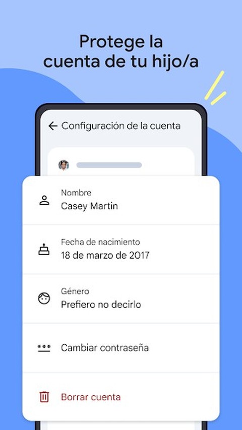 Pantalla de Family Link mostrando la configuración de la cuenta del hijo: nombre, fecha de nacimiento, cambiar contraseña