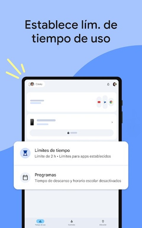 Pantalla de Family Link mostrando límites de tiempo de uso por app y horario de descanso