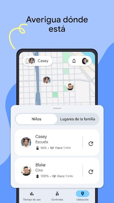 Pantalla de Family Link mostrando la ubicación en tiempo real de los hijos en un mapa
