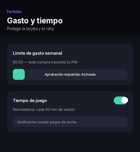 Ilustración del panel de Epic Games mostrando el límite de gasto semanal y el control de tiempo de juego