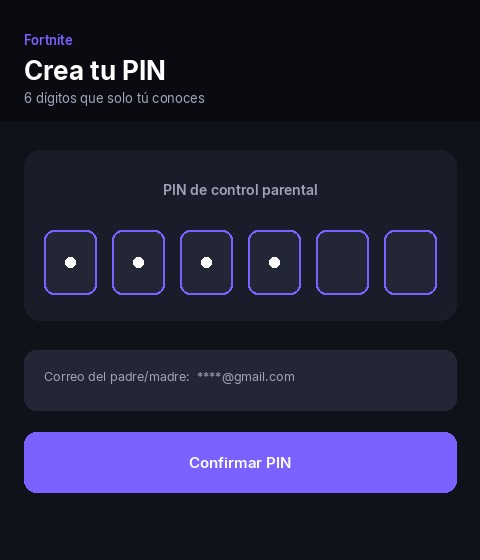 Ilustración de la pantalla para crear el PIN de 6 dígitos de control parental en Epic Games