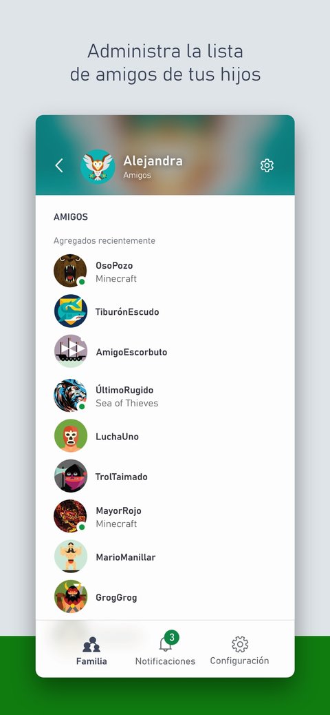 Pantalla de la app Xbox Family Settings mostrando la lista de amigos de un hijo, incluyendo un amigo agregado desde Minecraft