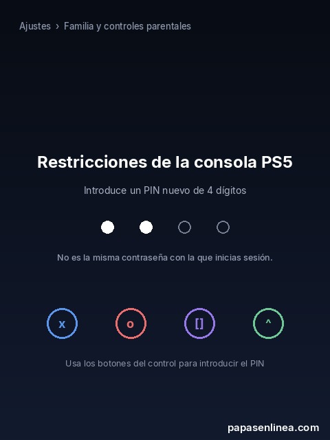 Ilustración de la pantalla de Restricciones de la consola PS5 pidiendo un PIN nuevo de cuatro dígitos