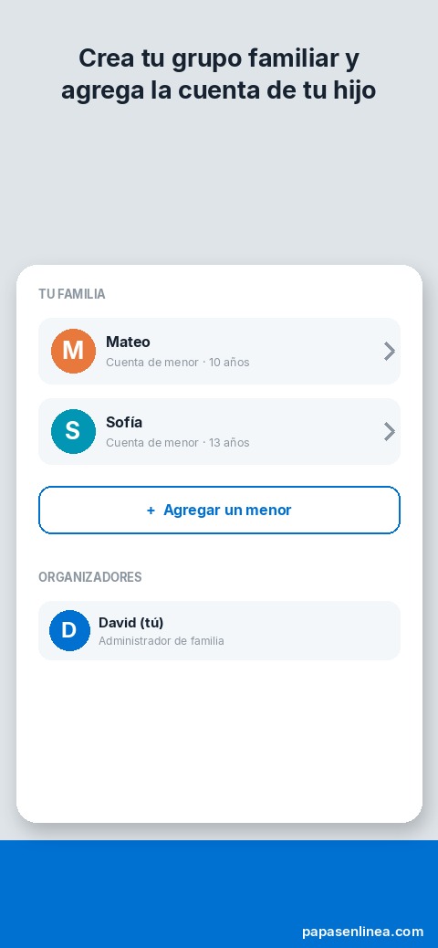 Ilustración de la app PlayStation Family mostrando la pantalla Tu Familia con las cuentas de los hijos y el botón para agregar un menor