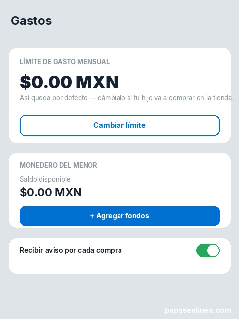 Ilustración del widget Límite de gasto mensual de PlayStation Family mostrando el saldo en cero y el botón para agregar fondos