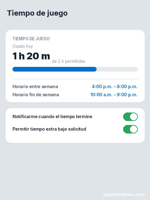 Ilustración del widget Tiempo de juego de PlayStation Family mostrando el tiempo usado y el horario permitido entre semana y fin de semana