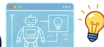 Ícono de robot con un foco de idea, representando recursos y tutoriales