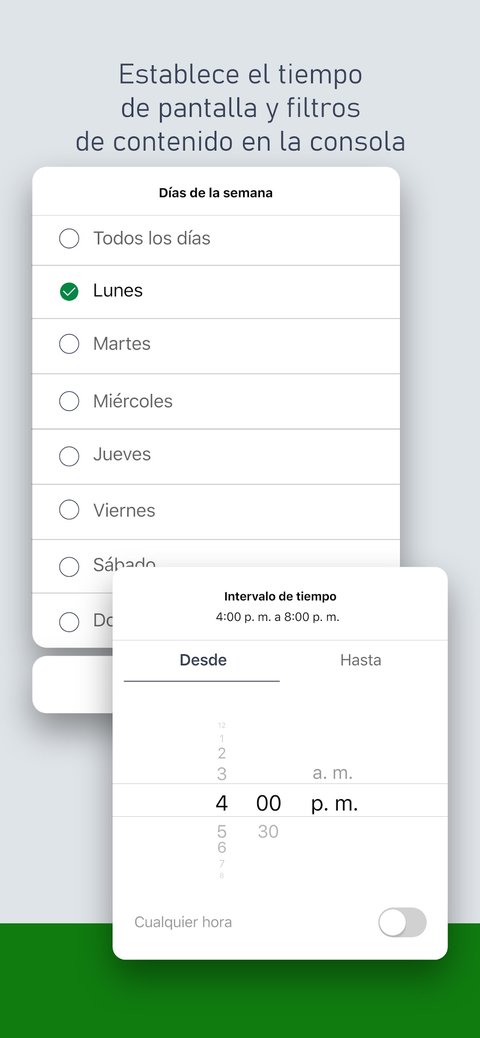 Pantalla de la app Xbox Family Settings mostrando la configuración de horario y tiempo de pantalla en la consola