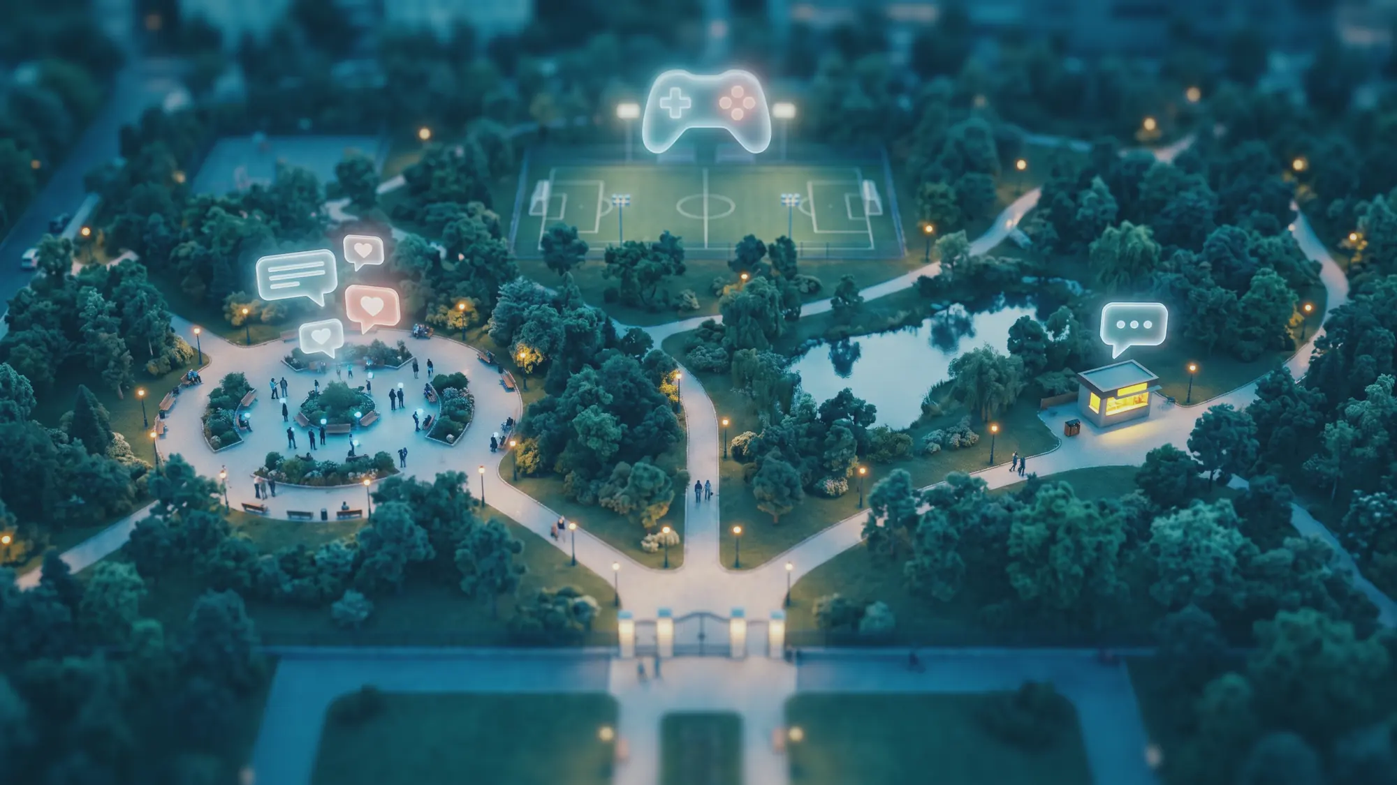 Vista aérea de noche de un parque con una plaza llena de burbujas de redes sociales, una cancha con un control de videojuego, un quiosco con una burbuja de chat y una reja de entrada.